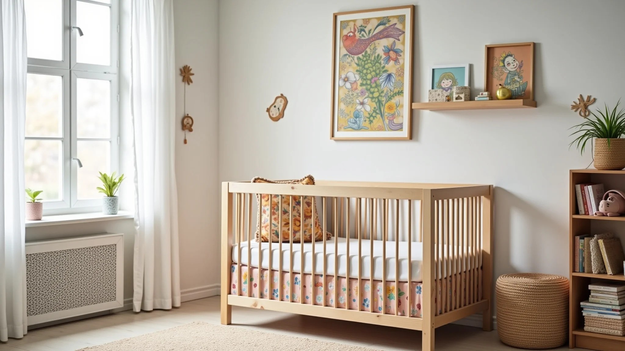 Quarto infantil simples e alegre com tecidos coloridos e arte na parede.