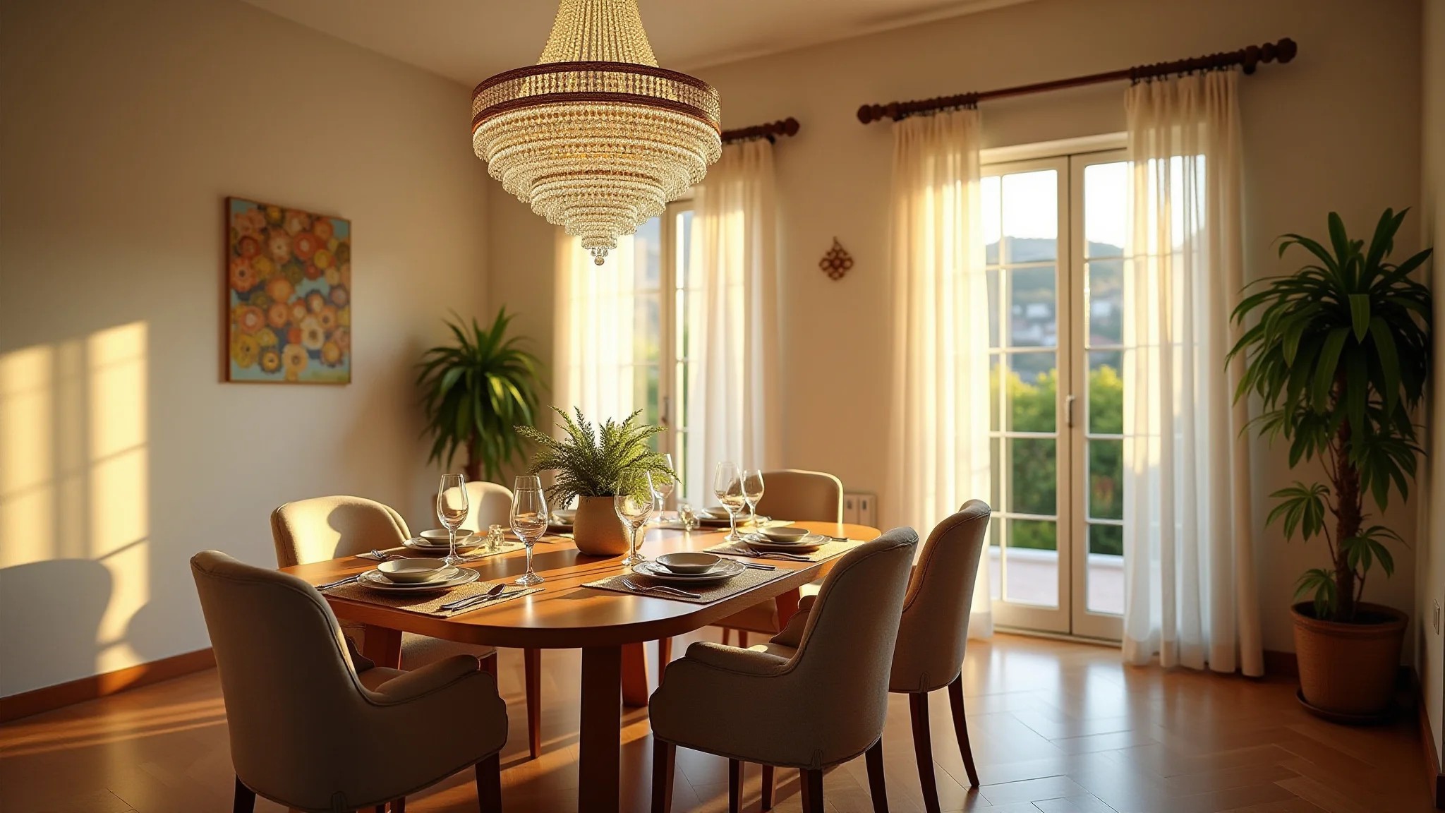 Sala de jantar iluminada com lustre de cristal sobre mesa de madeira, estilo brasileiro.