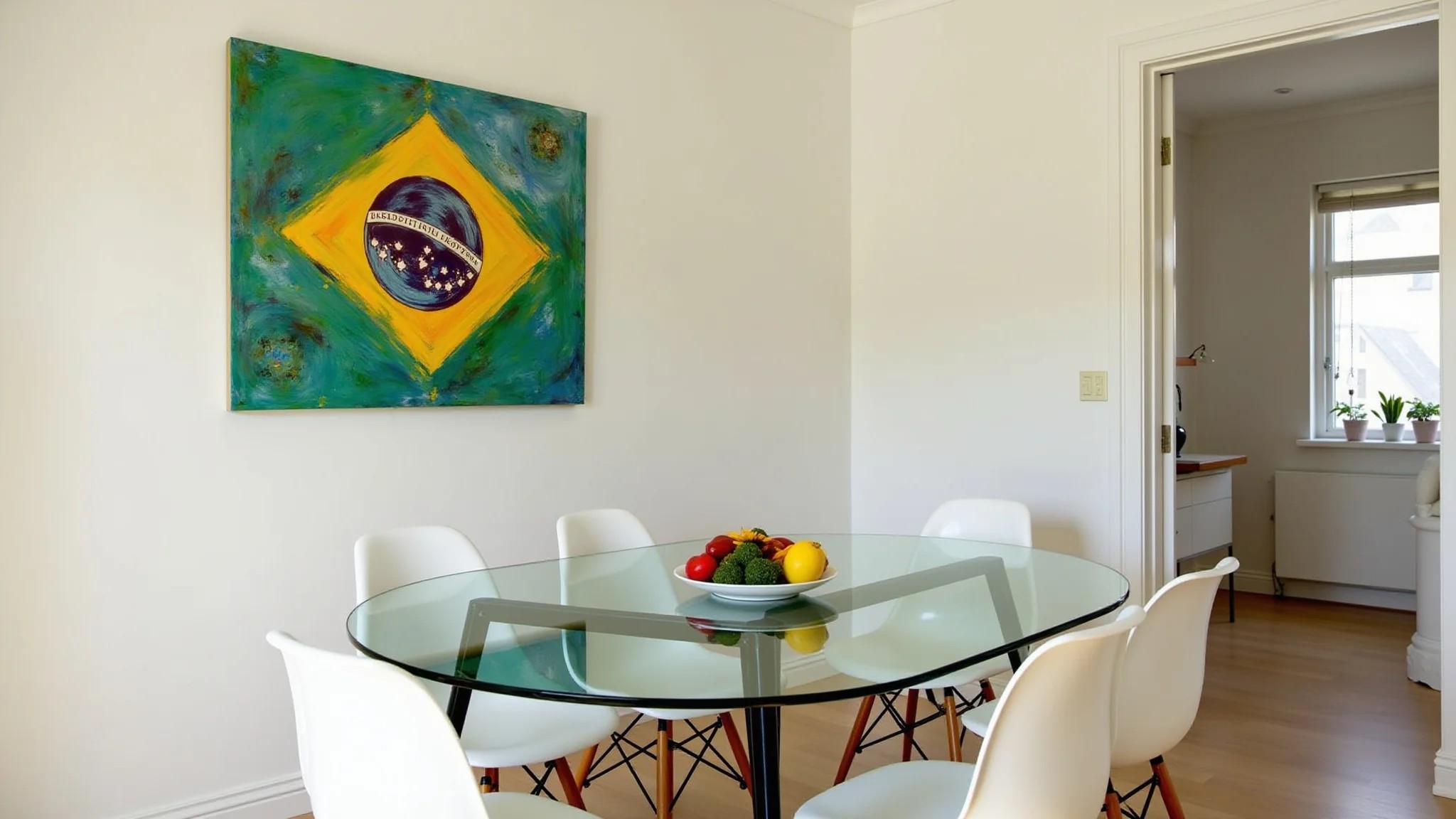 Sala de jantar com mesa redonda de vidro, cadeiras modernas e arte brasileira vibrante.