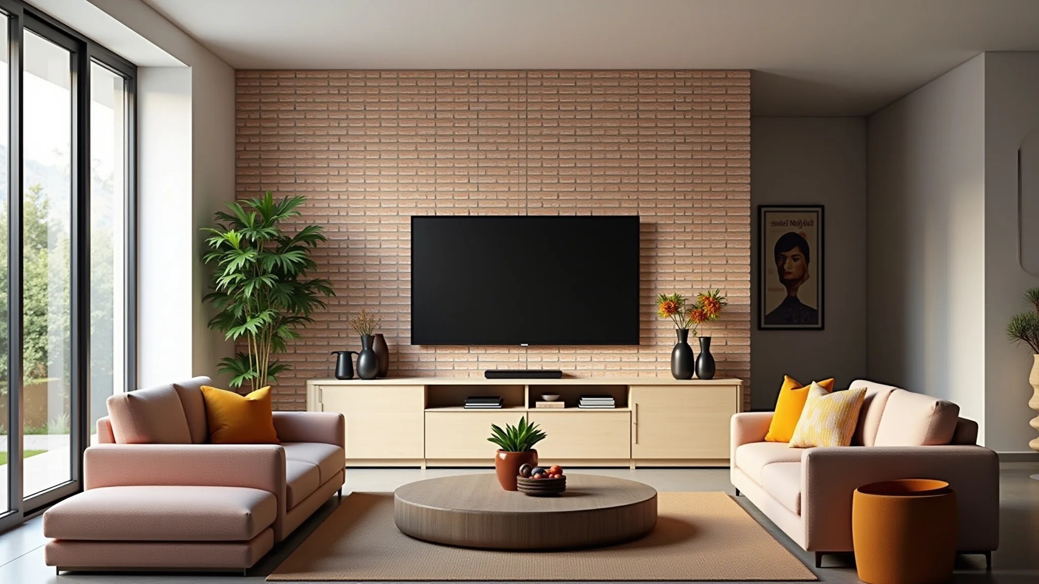Sala de estar aconchegante com painel de TV em tijolinho e decoração brasileira vibrante.