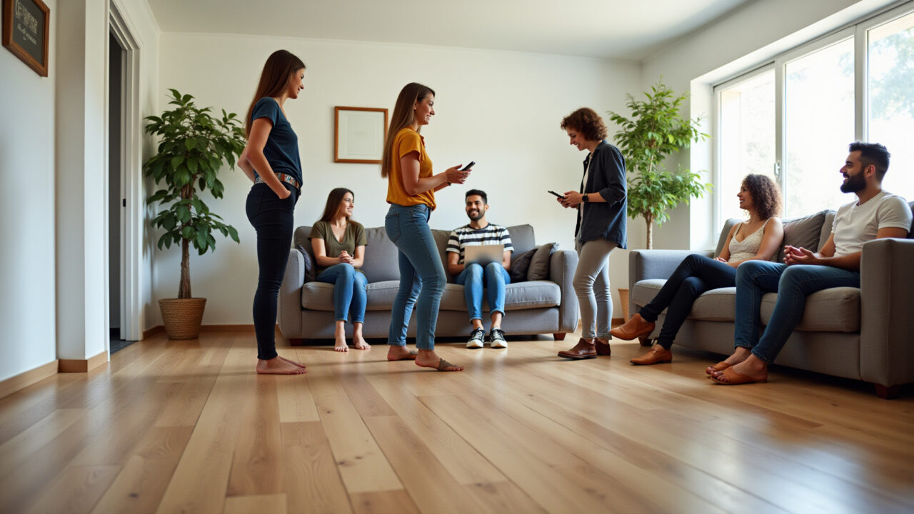 Sala com pisos vinílicos liso e texturizado, amigos reunidos.