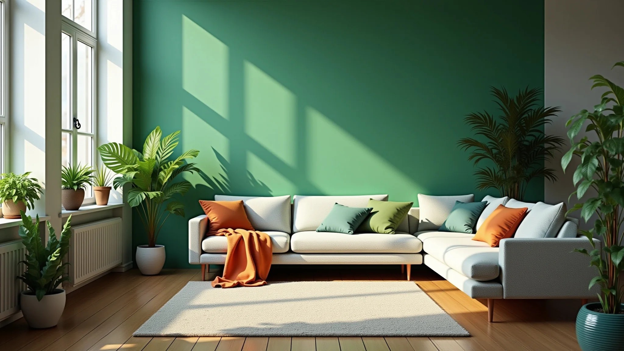 Sala de estar verde vibrante com paredes verdes, sofá confortável e muitas plantas.