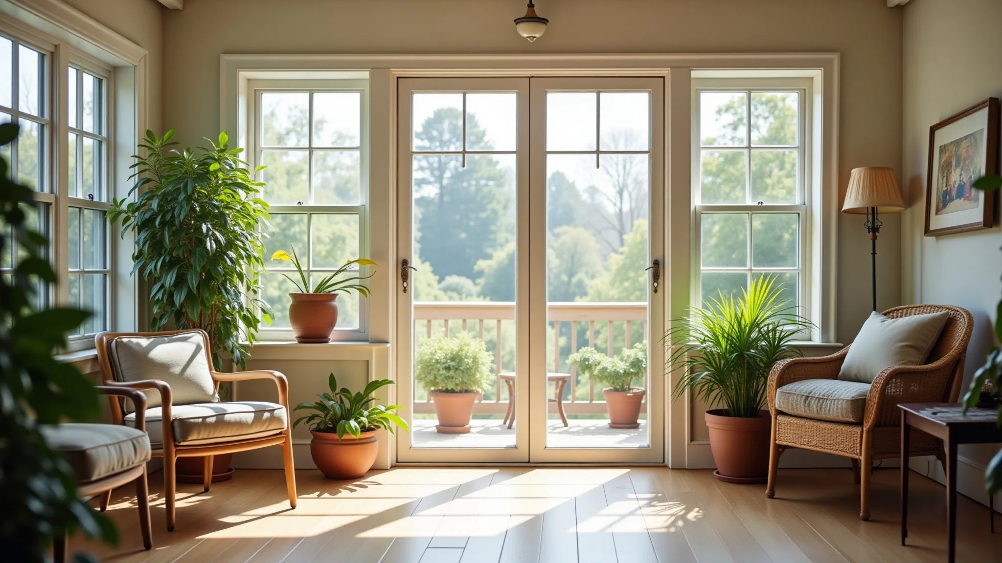 Varanda de vidro convidativa com plantas, iluminação natural e portas de correr.