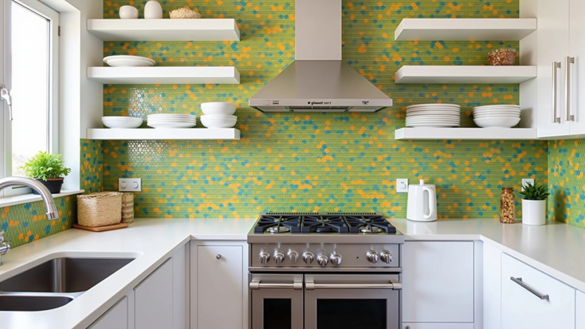 Backsplash de cozinha com vibrantes azulejos hexagonais em uma casa brasileira moderna.
