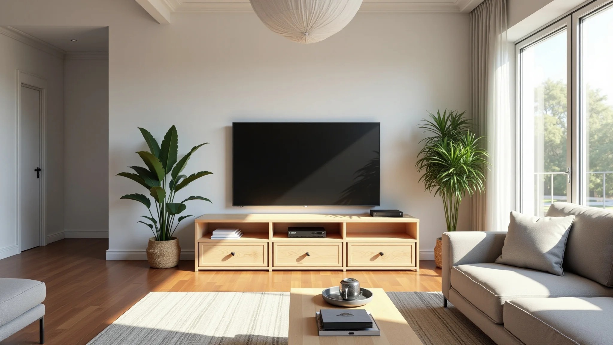 Painel de TV DIY feito com madeira reciclada em sala de estar aconchegante.