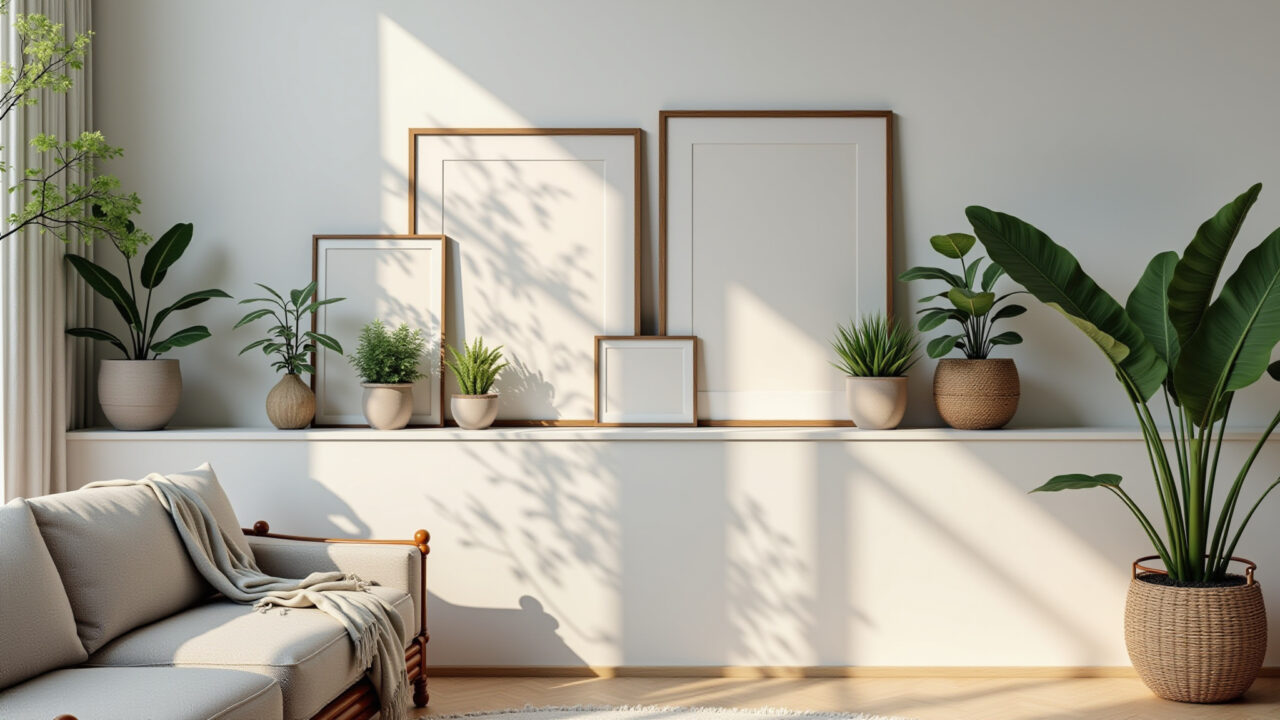 Sala de estar iluminada com prateleira para quadros exibindo arte e decoração.