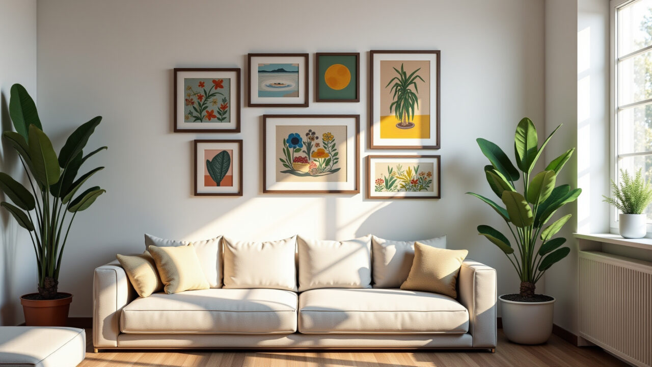 Parede da sala com vários quadros decorativos.