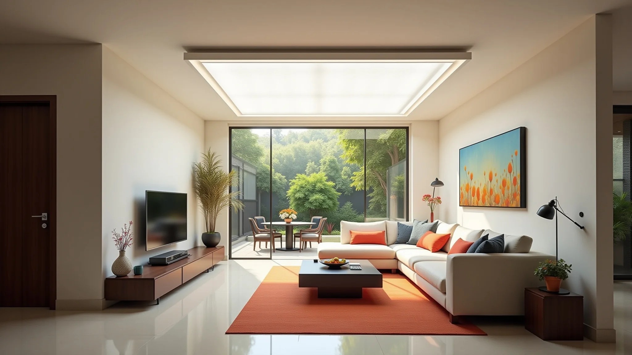 Sala de estar iluminada com plafon de sobrepor moderna, design brasileiro e cores vibrantes.