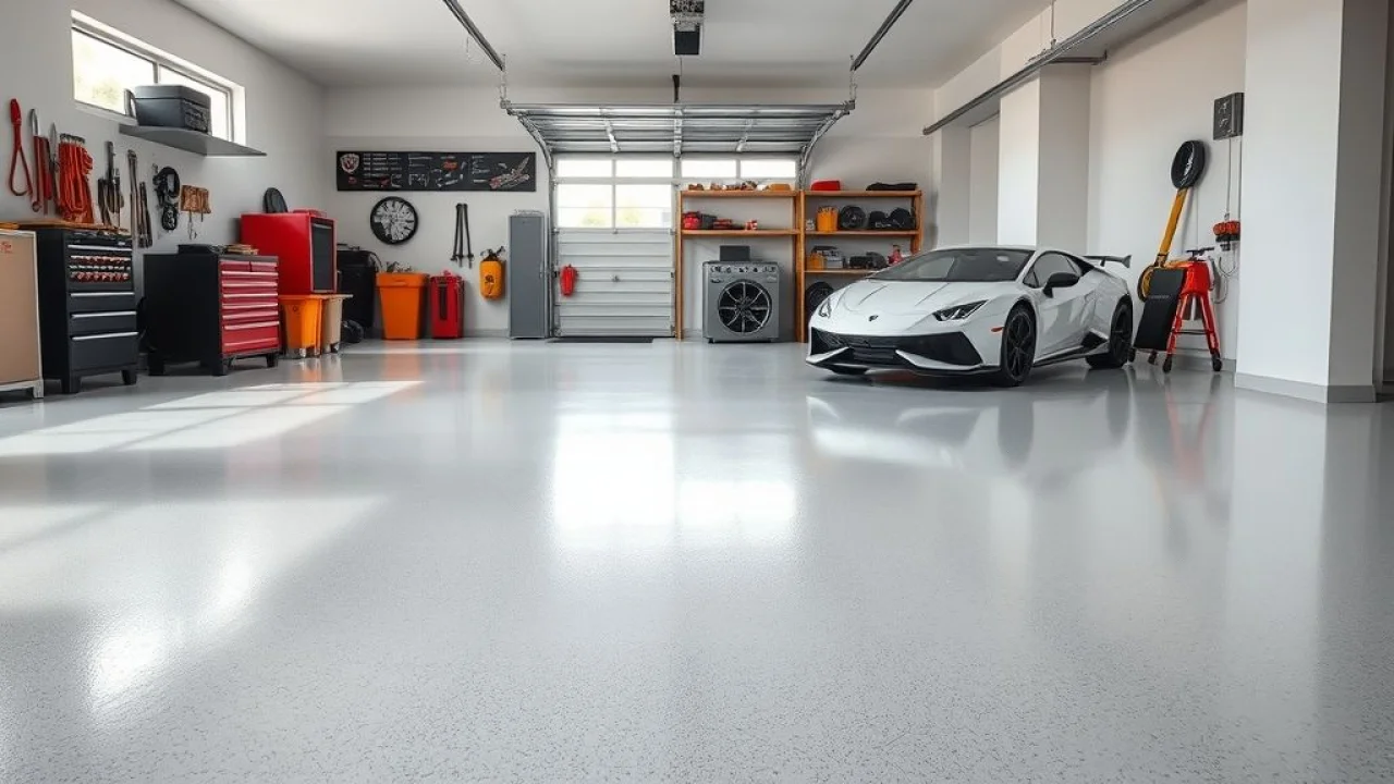 Garagem moderna com piso de resina epóxi brilhante e carro estacionado.