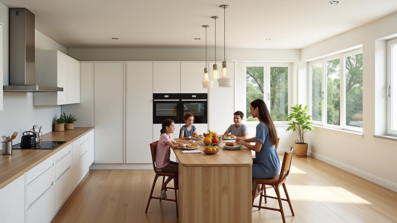 Ilha de cozinha moderna com família tomando café da manhã.