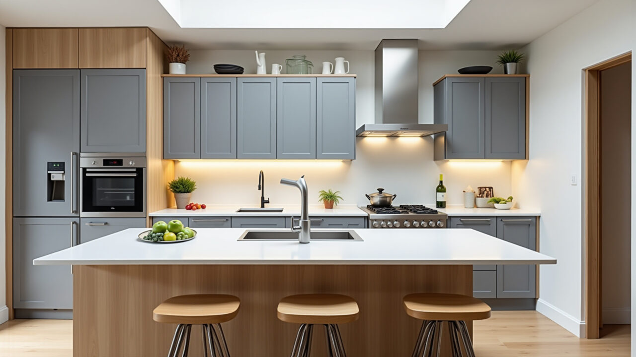 Cozinha moderna com armários cinza, inox e detalhes em madeira.