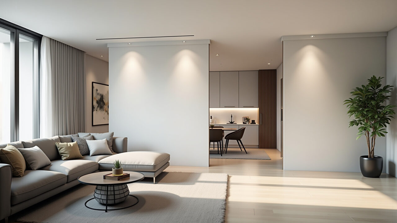 Divisória de Pladur elegante em sala de estar moderna.