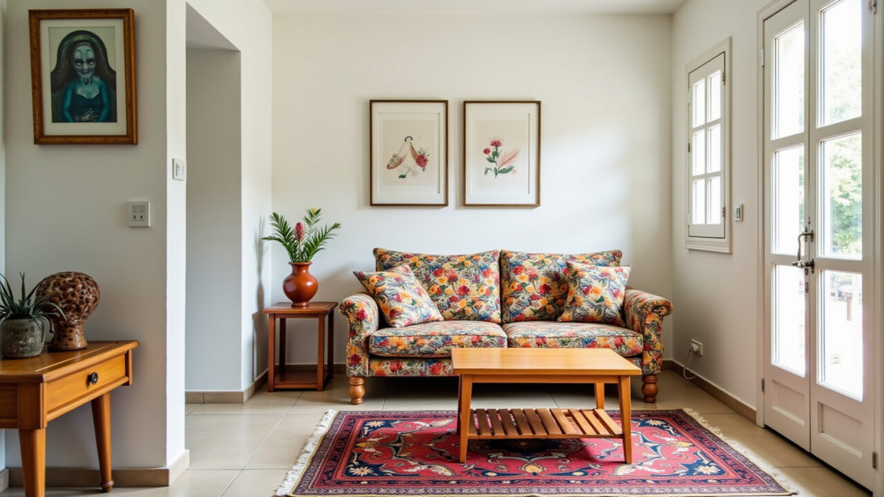 Sala de estar de apartamento pequeno com cores claras e decoração vibrante.