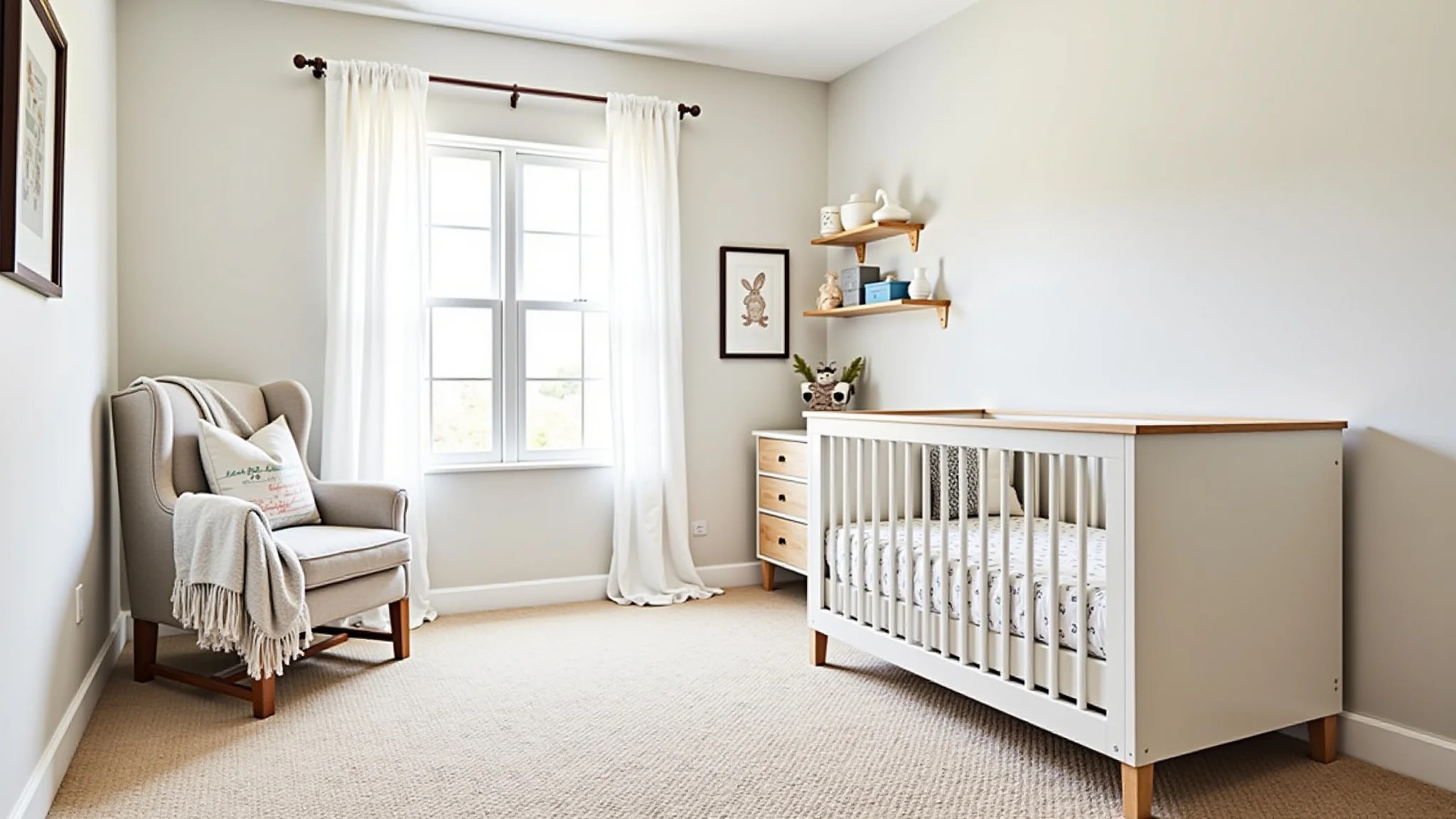 Quarto de bebê neutro moderno com berço minimalista e iluminação suave.