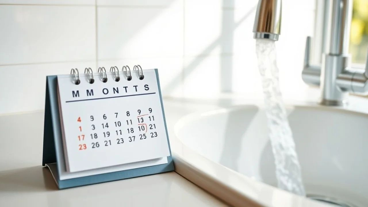 Calendário marcando a limpeza da caixa de gordura a cada 6 meses, pia limpa ao fundo.