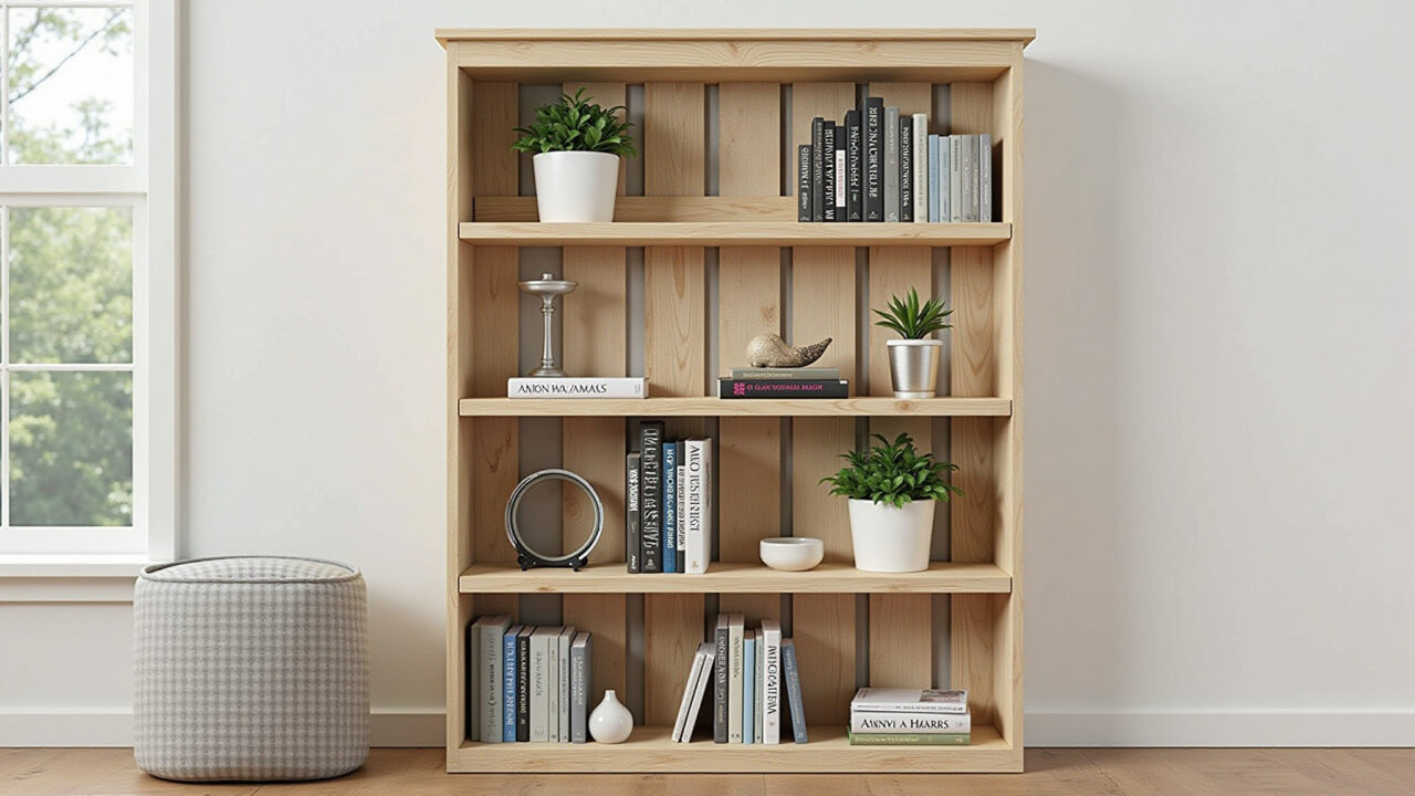 Estante de paletes charmosa com livros, plantas e objetos decorativos.