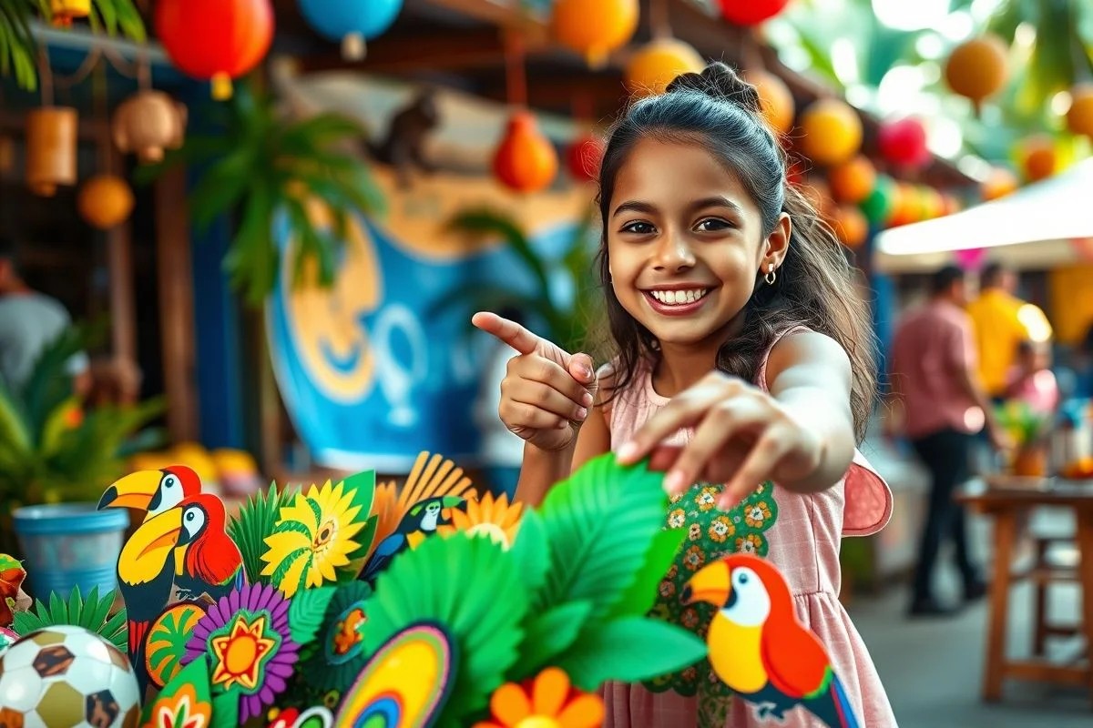 Menina brasileira escolhendo decoração de festa infantil com tema de animais.