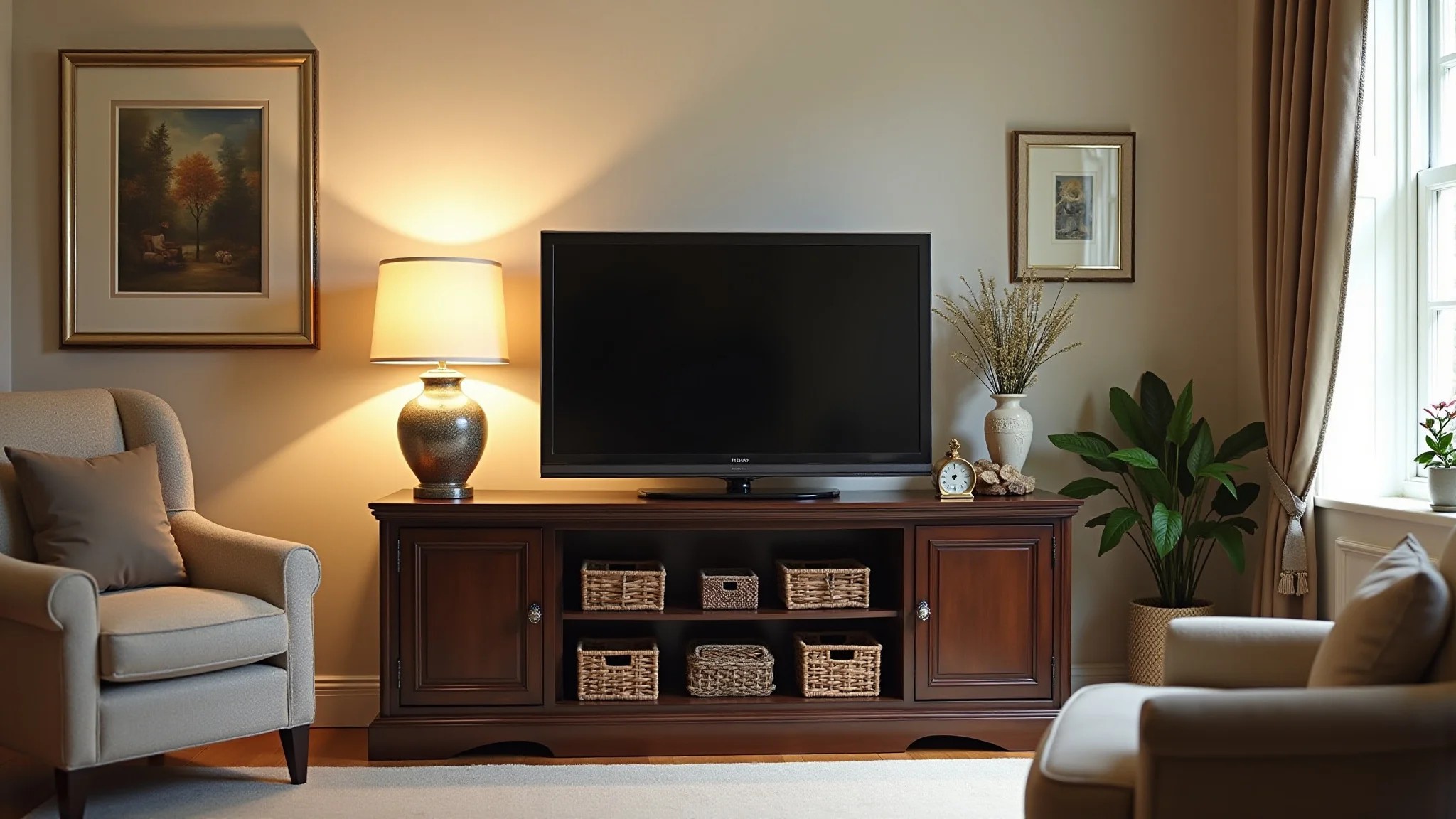 Sala de estar clássica com rack de TV de madeira escura e decorações elegantes.