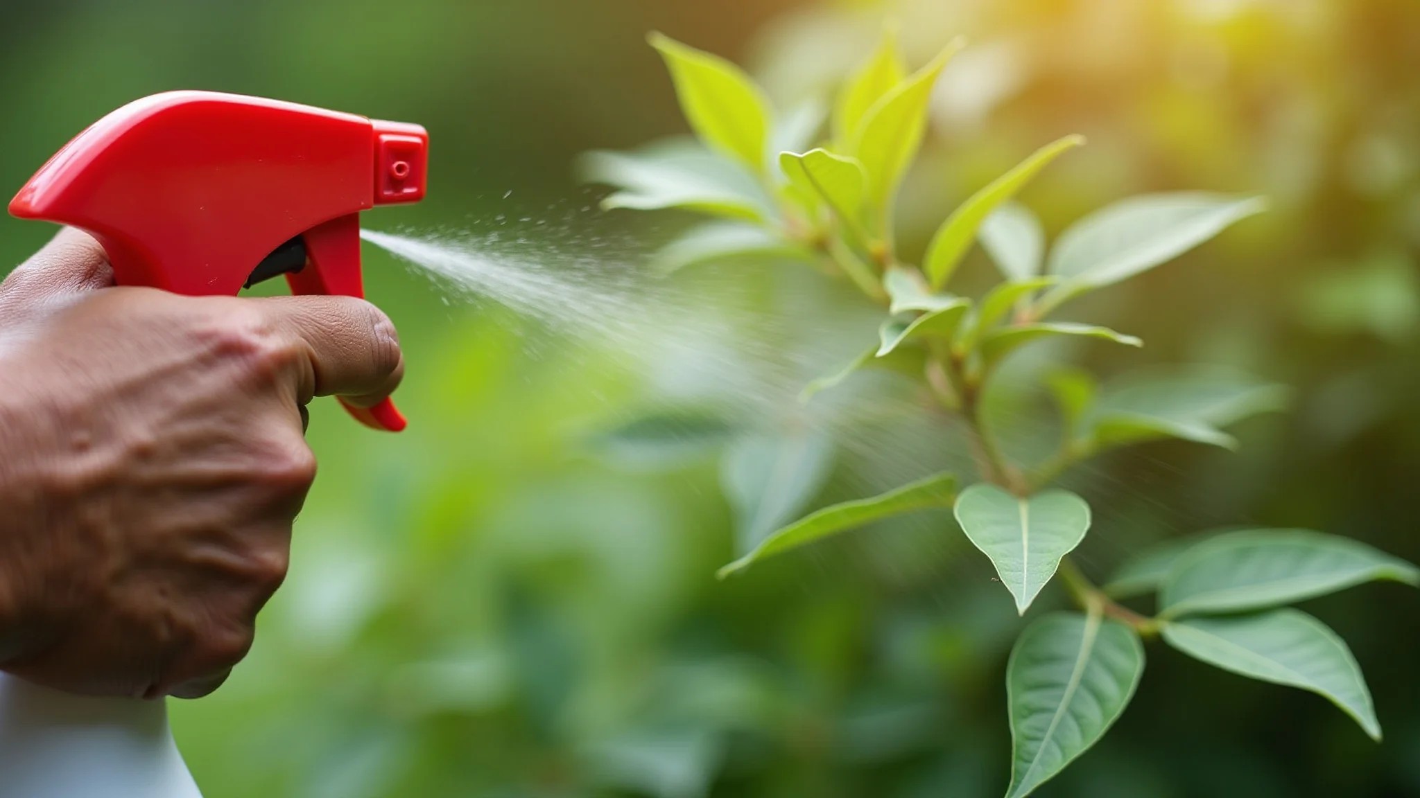 Mão aplicando inseticida caseiro de pimenta e sabão em planta.