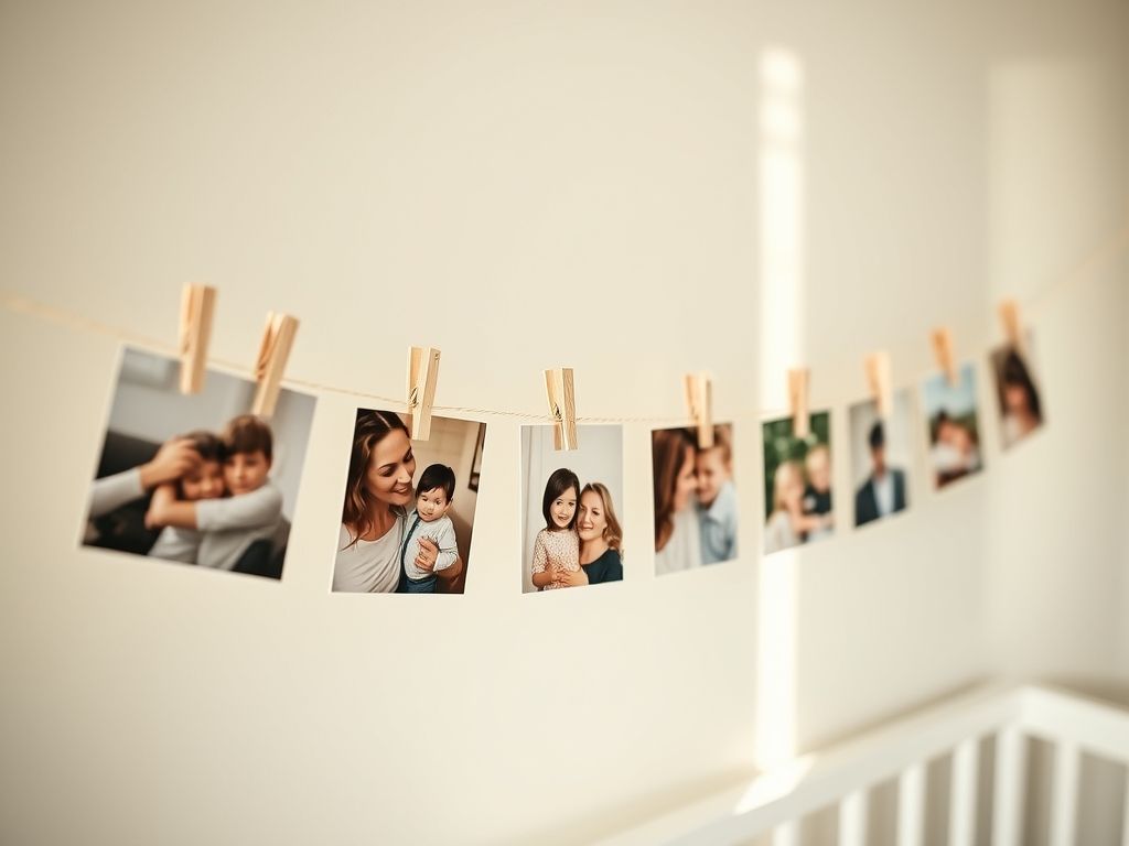 Detalhe de uma parede de quarto de bebê decorada com um varal de fotos da família, criando um ambiente acolhedor e personalizado.