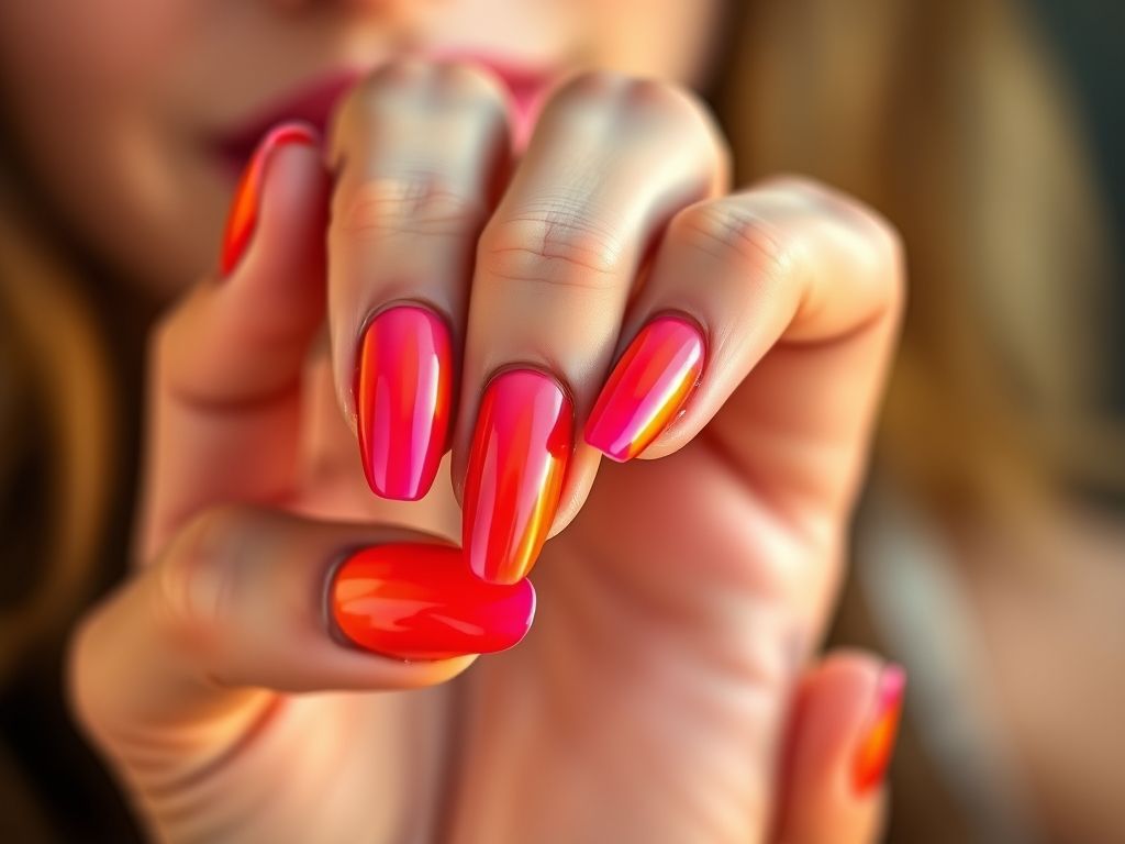 Unhas com degradê de laranja e rosa, representando a tendência de cores vibrantes para a primavera verão.