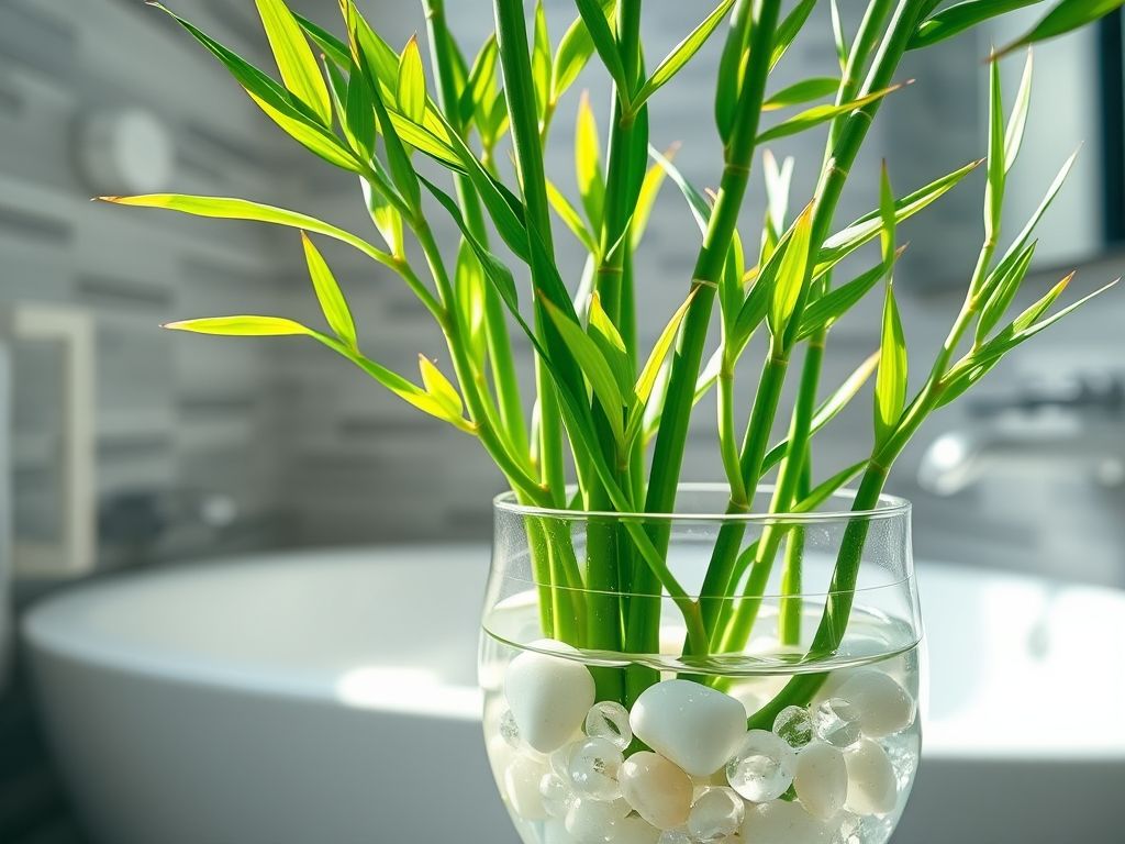 Uma foto em close-up de um bambu da sorte crescendo em um banheiro, em um recipiente de vidro com pedras e água.