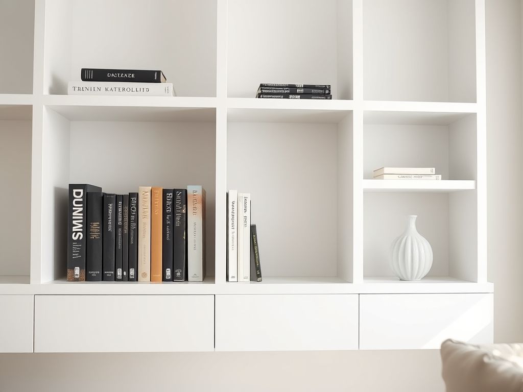 Estante minimalista com livros, vaso e caixa decorativa, organizada de forma clean.