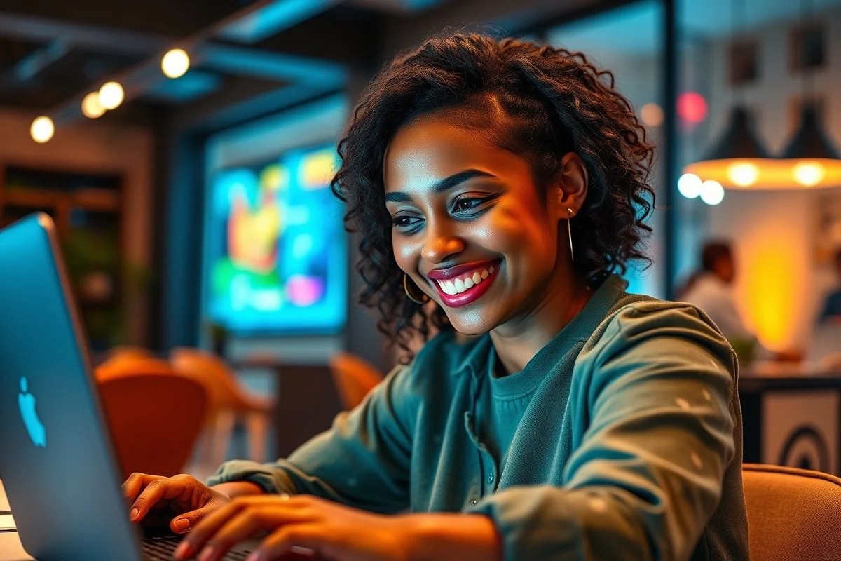 Mulher brasileira sorrindo após completar desafio de programação.