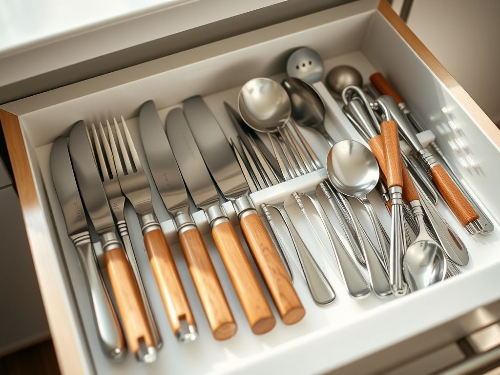 Gaveta de cozinha organizada com divisórias e organizadores, mostrando diferentes compartimentos para talheres e utensílios de cozinha.