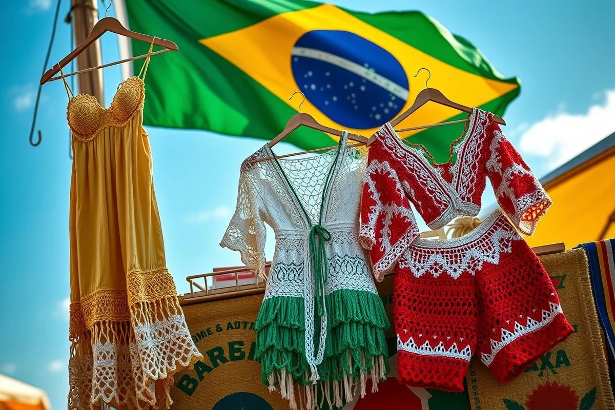 Modelos variados de saídas de praia crochê em feira de artesanato brasileira.