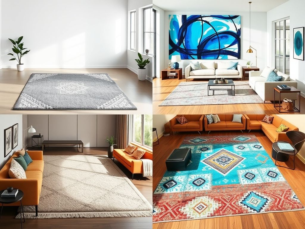 Colagem mostrando quatro estilos de sala de estar: minimalista, moderno, clássico e rústico, com tapetes que complementam cada estilo.