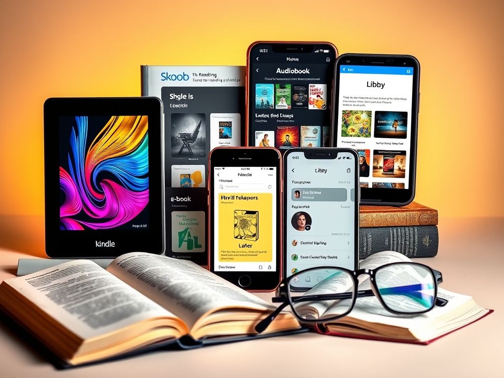 Montagem de diferentes ferramentas e aplicativos para leitura, como Kindle, Skoob e Libby.