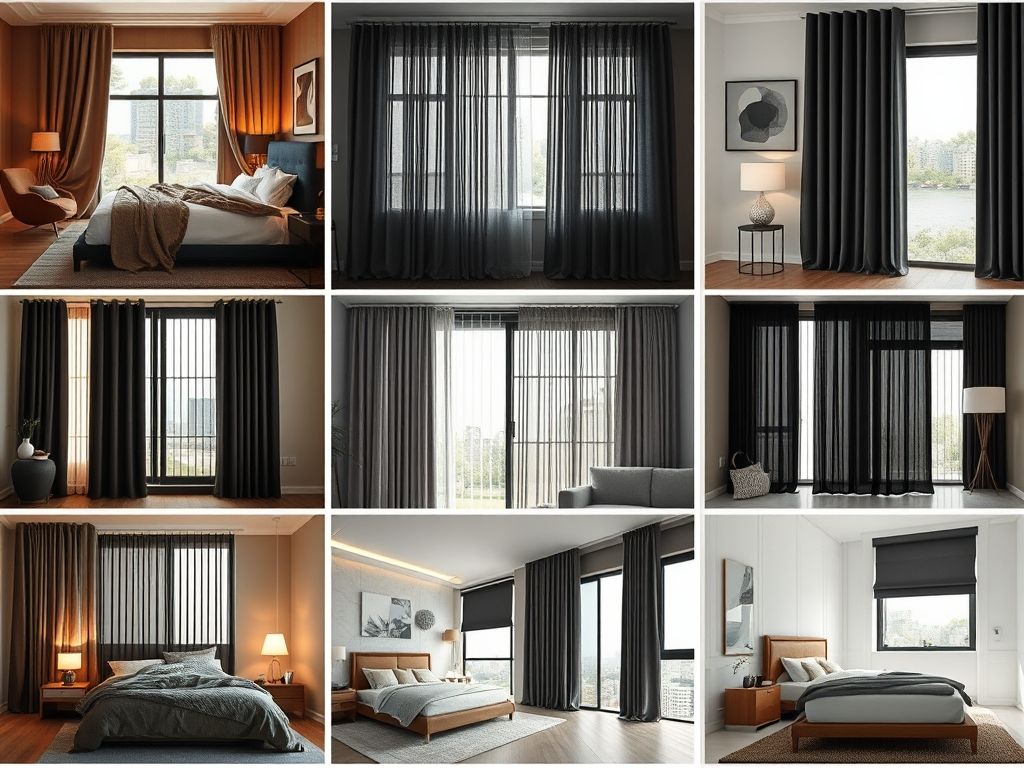 Montagem de diferentes tipos de cortinas blecaute, incluindo modelos em tecido, PVC, rolo e romana, cada uma em um ambiente decorado de forma diferente.
