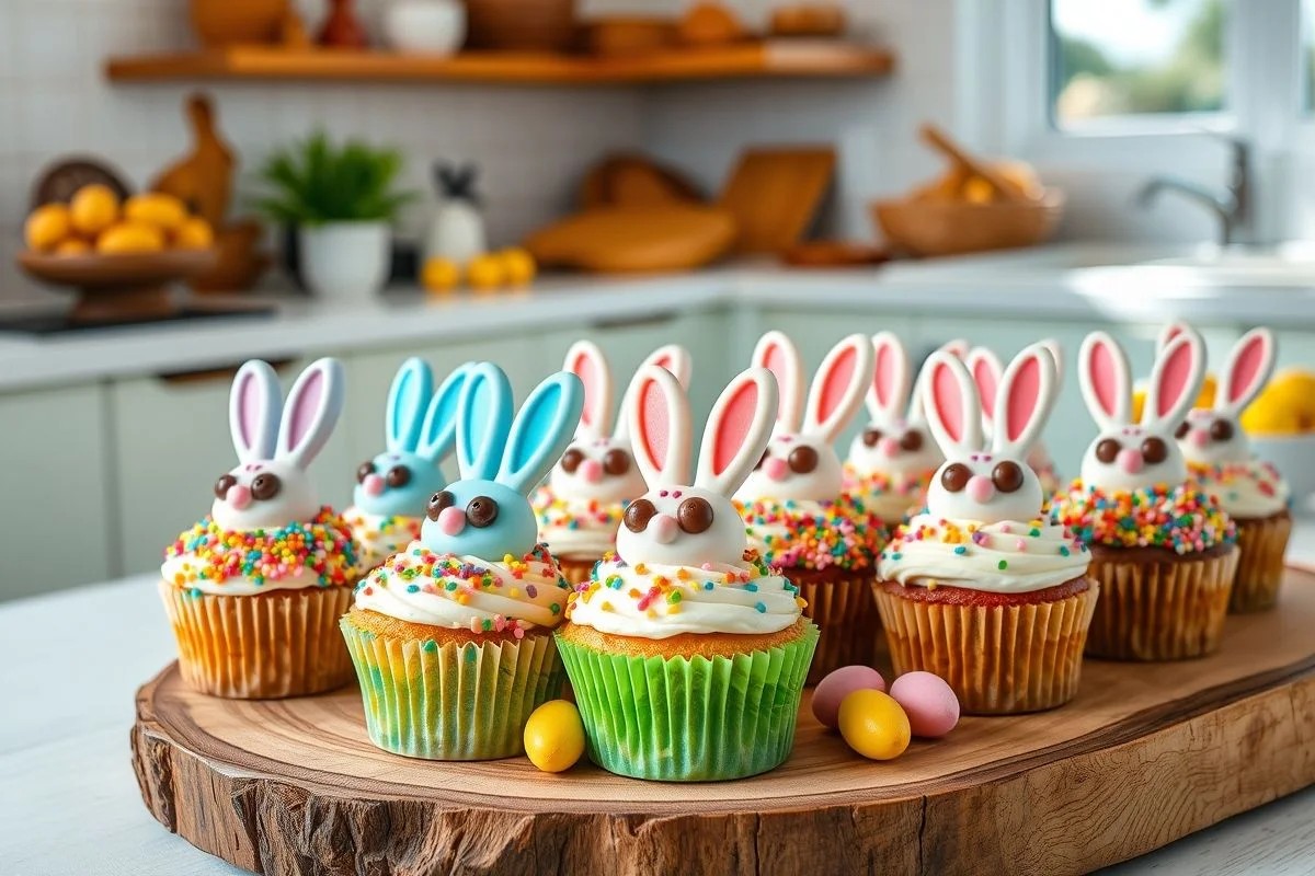 Cupcakes de Páscoa decorados com granulados e ovinhos de chocolate. Cores vibrantes e atmosfera festiva.