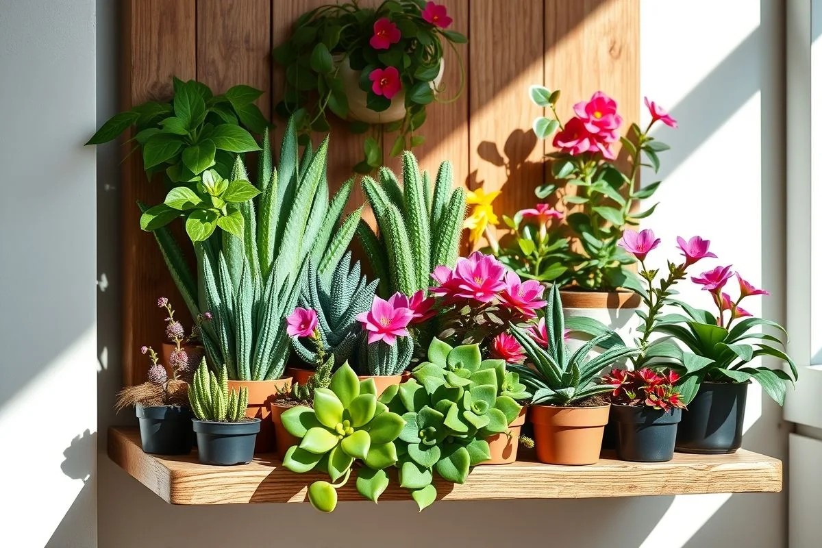 Mini cactos, peperômias e violetas em prateleira de casa brasileira.