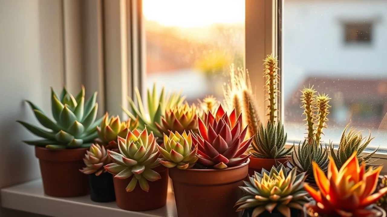Suculentas saudáveis em parapeito ensolarado, iluminação ideal.