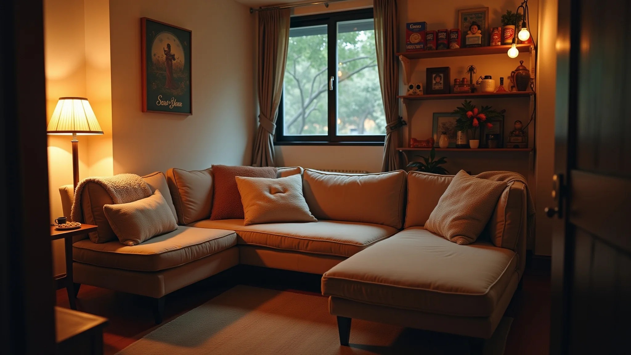 Sofá confortável em home theater pequeno com almofadas e mesa lateral.