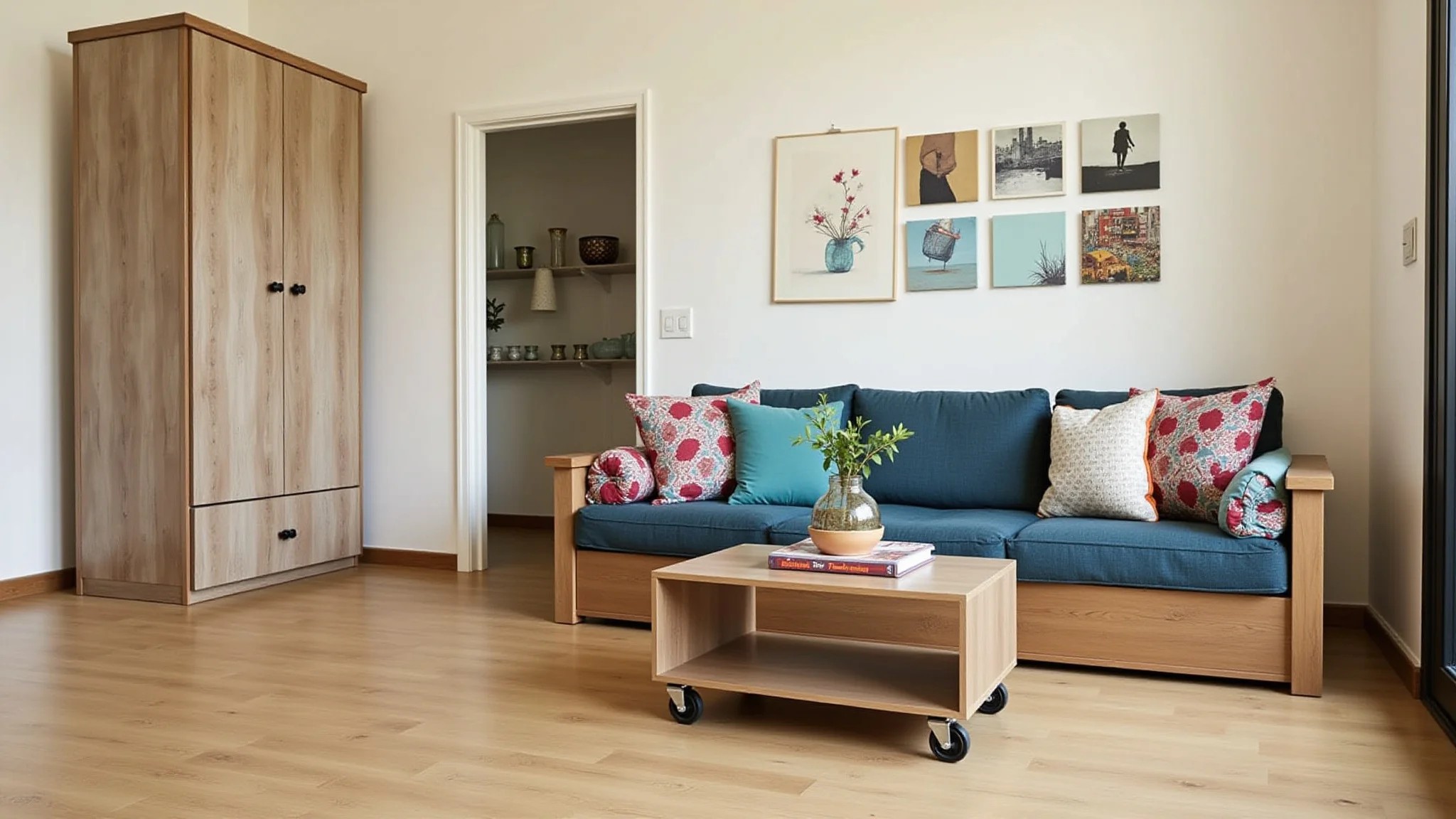 Sofá com baú e mesa de centro com rodinhas em sala pequena e bem decorada.