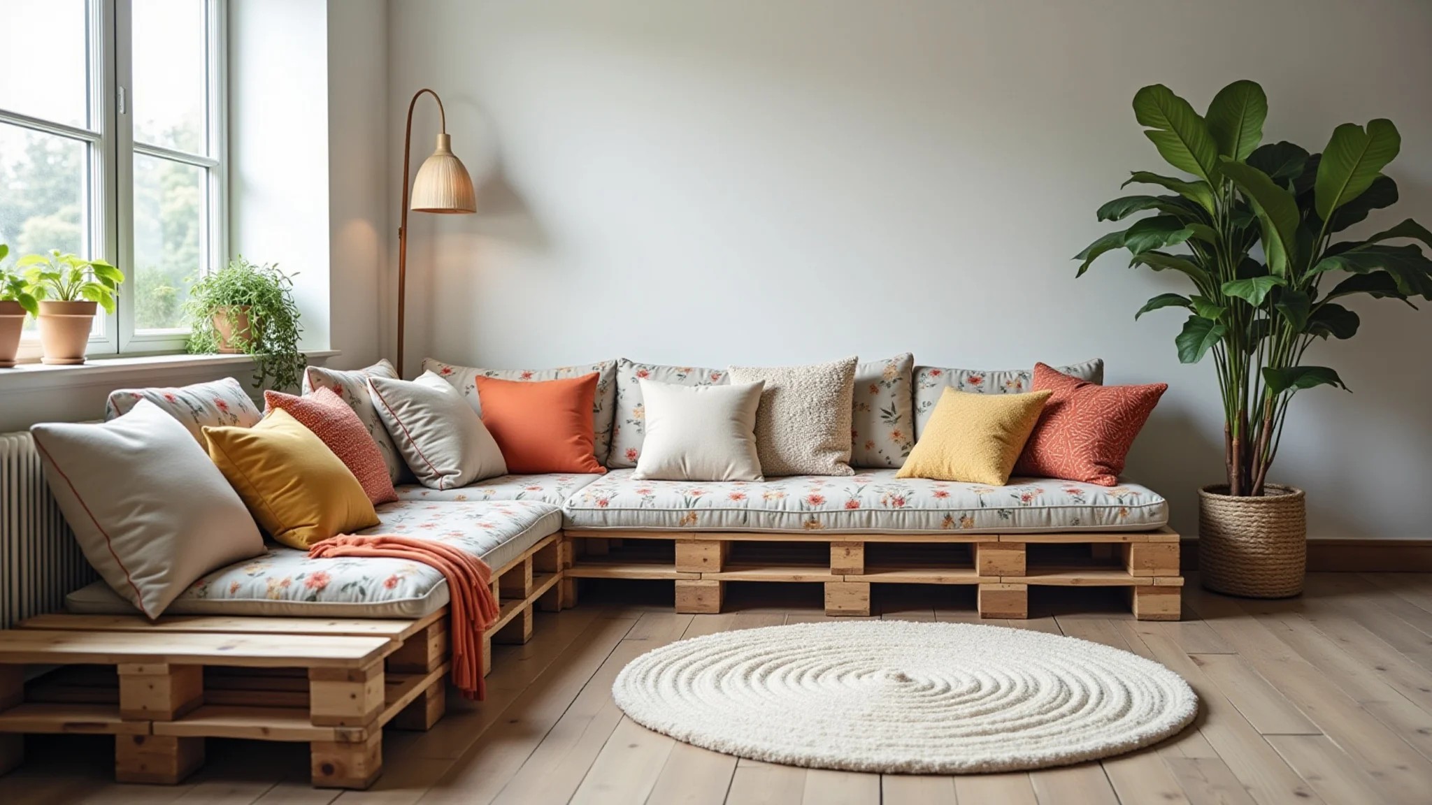 Sofá de pallets finalizado em sala iluminada, mostrando diferentes padrões de almofadas e plantas.