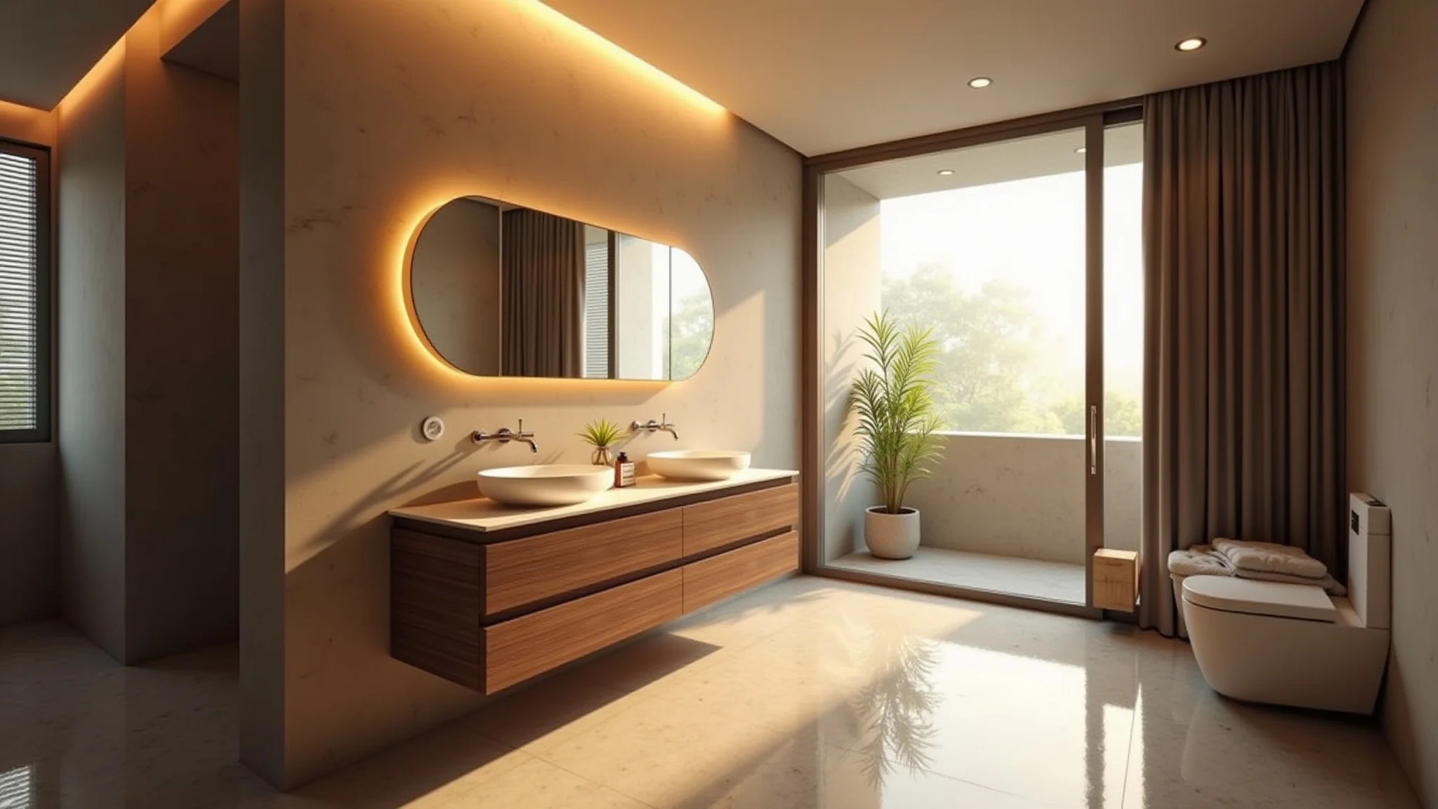 Banheiro aconchegante com plafon de sobrepor elegante, iluminação suave e design brasileiro.