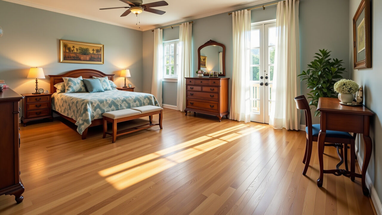 Quarto aconchegante com assoalho laminado imitando madeira.