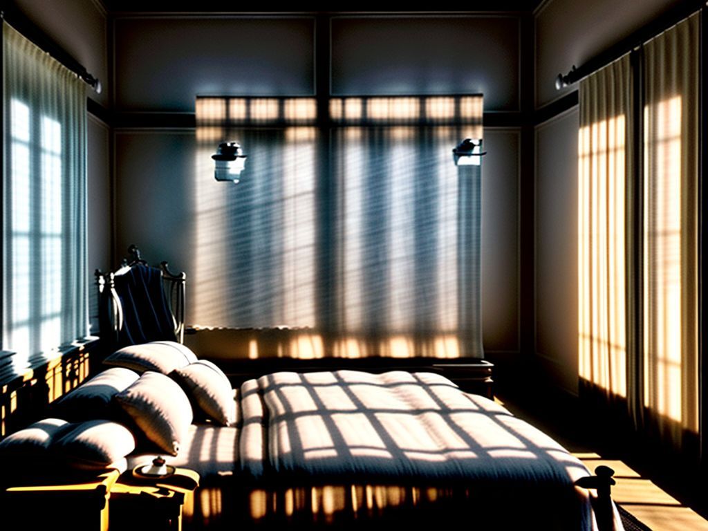 Quarto aconchegante com cortina blecaute fechada, bloqueando a luz do sol e criando um ambiente escuro e tranquilo.