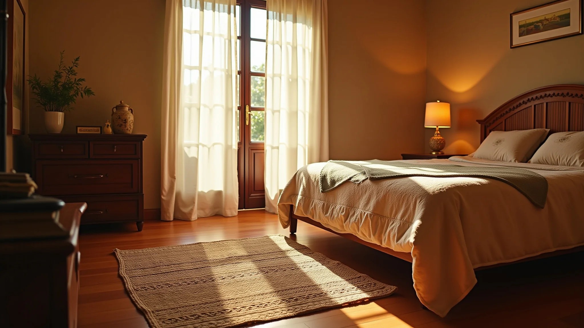 Quarto aconchegante com tapete de crochê quadrado ao lado da cama.