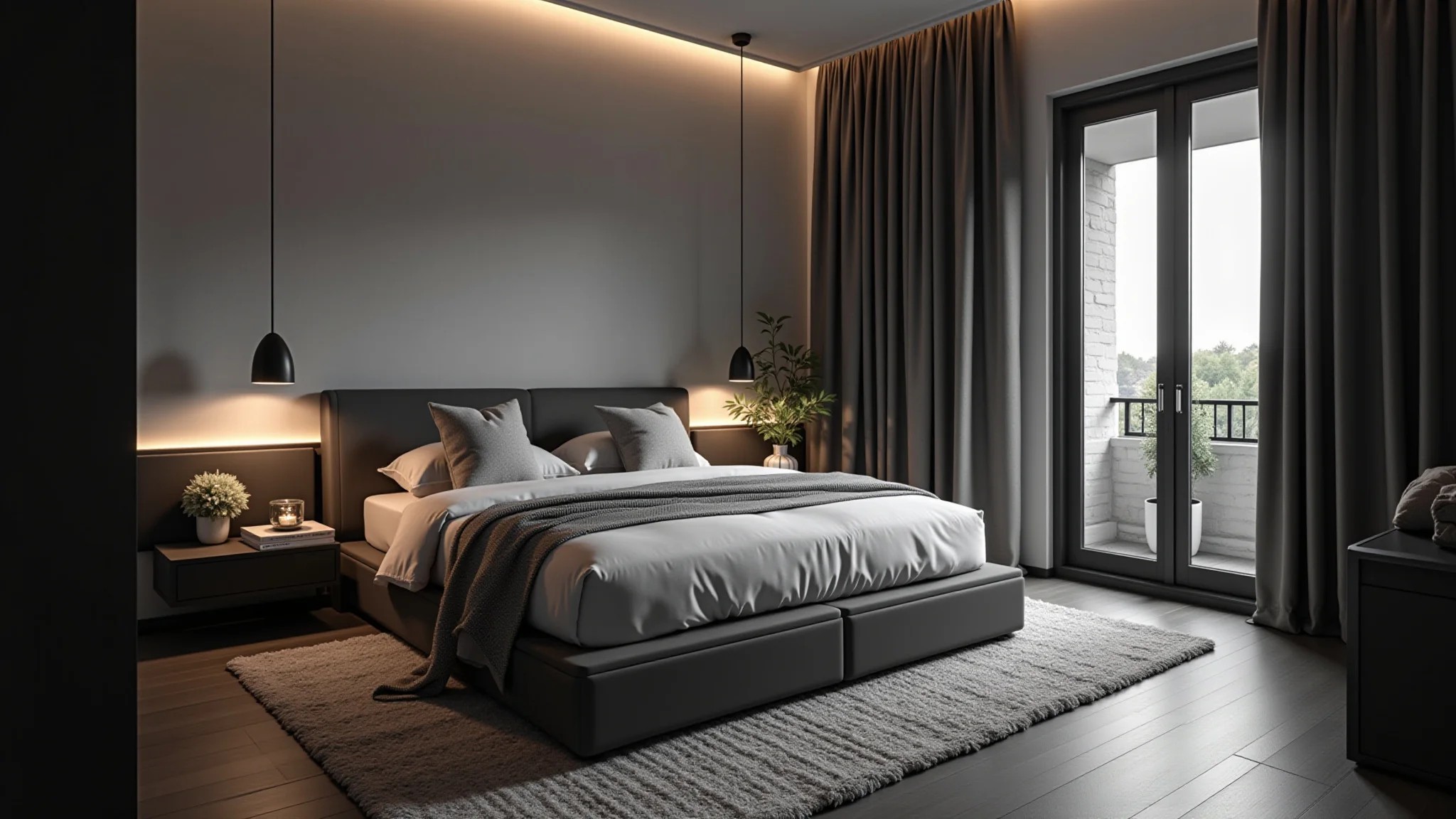 Quarto aconchegante em preto e branco com iluminação indireta de LED.