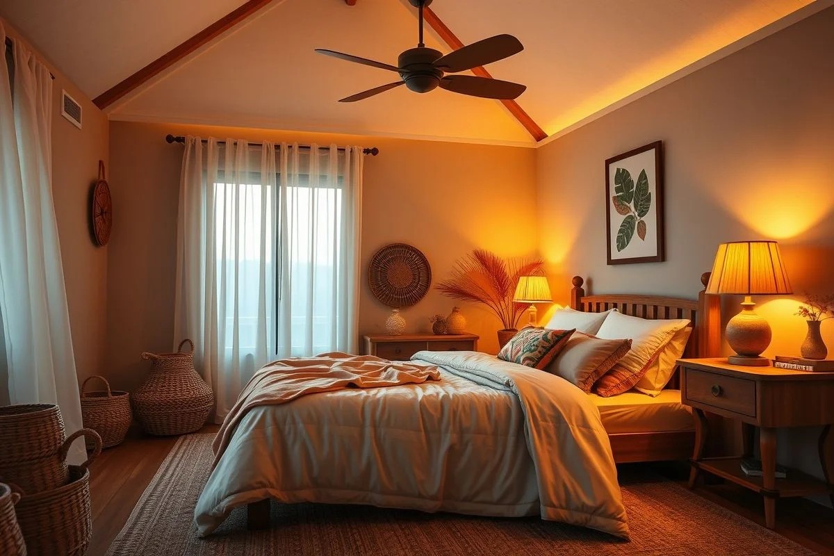 Quarto aconchegante com plafon de luz quente, atmosfera relaxante e decoração brasileira.