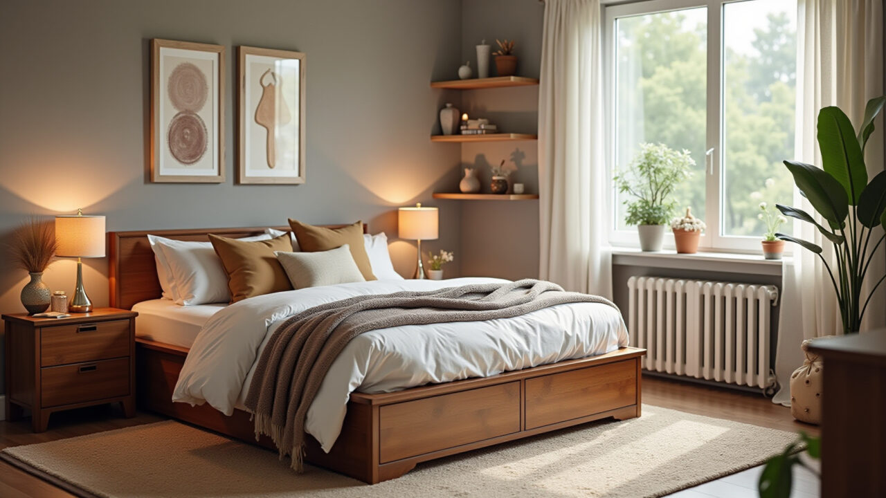 Quarto de casal pequeno com cama box baú otimizando espaço.