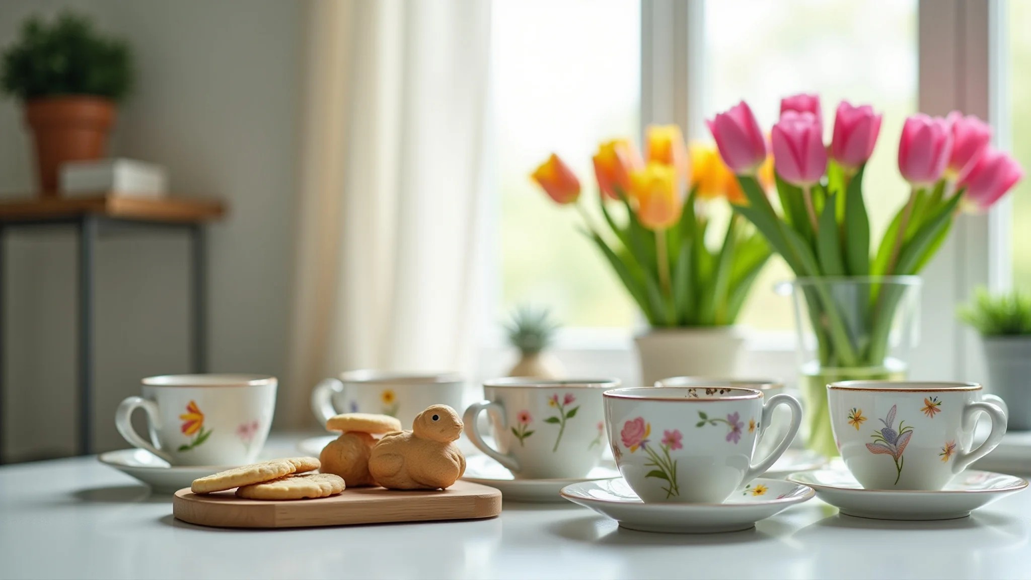 Cantinho do café de Páscoa com xícaras decoradas e tulipas.