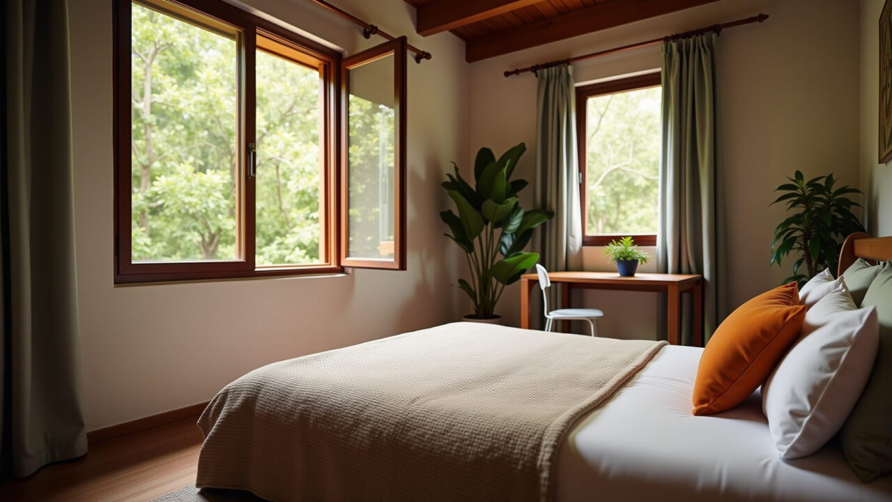 Quarto de hóspedes aconchegante com cama confortável e decoração brasileira.