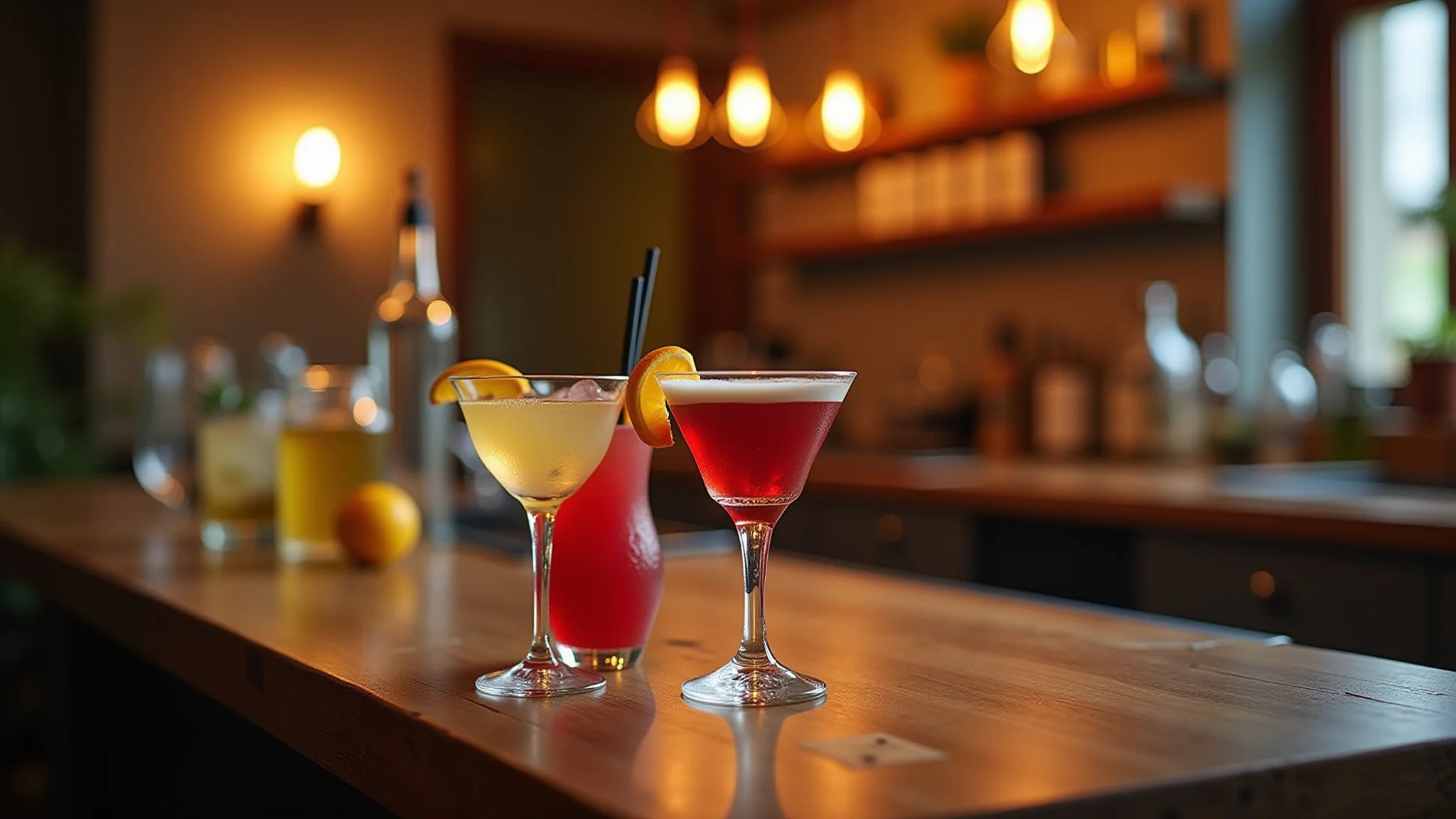 Bar em casa aconchegante em apartamento brasileiro, com iluminação quente e variedade de bebidas.