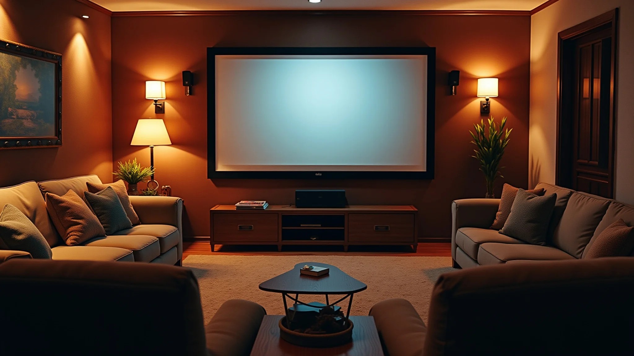 Configuração aconchegante de home theater com tela grande, assentos confortáveis e iluminação suave.